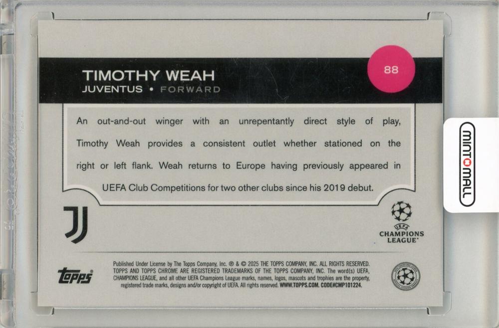 2024-25 Topps Chrome UEFA Club Competitions Timothy Weah Gold Lava Refractor30/50 Juventus