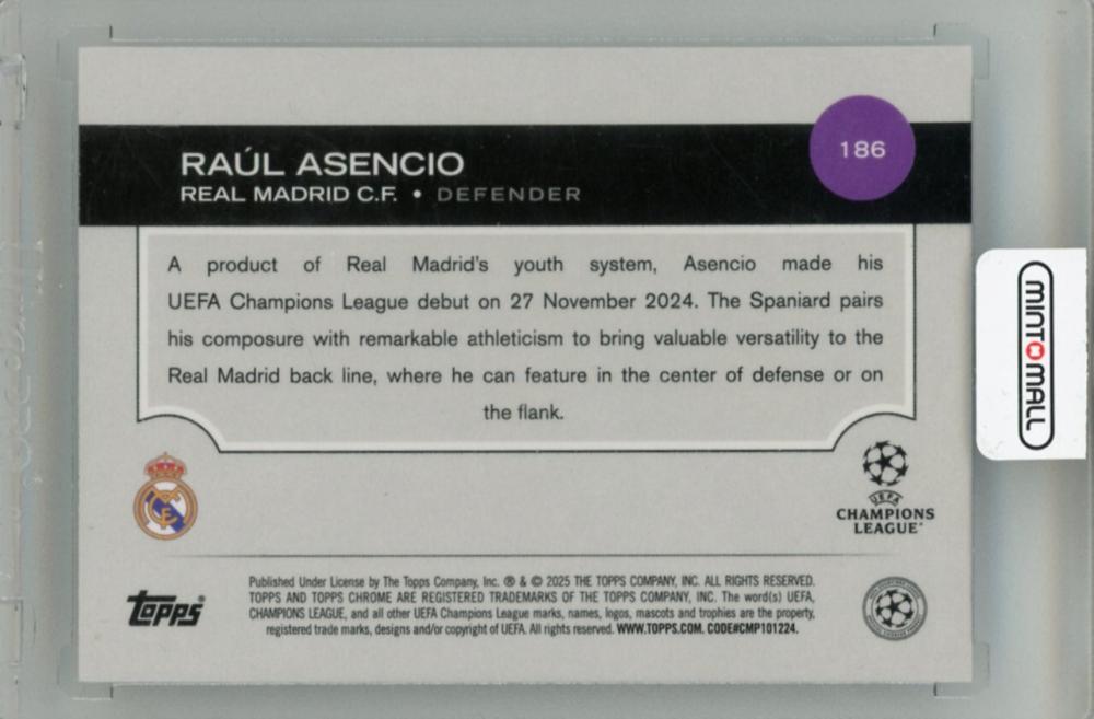 2024-25 TOPPS Chrome UEFA Club Competitions Raul Asencio Night Vision RayWave Refractors #186010/225 Real Madrid CF