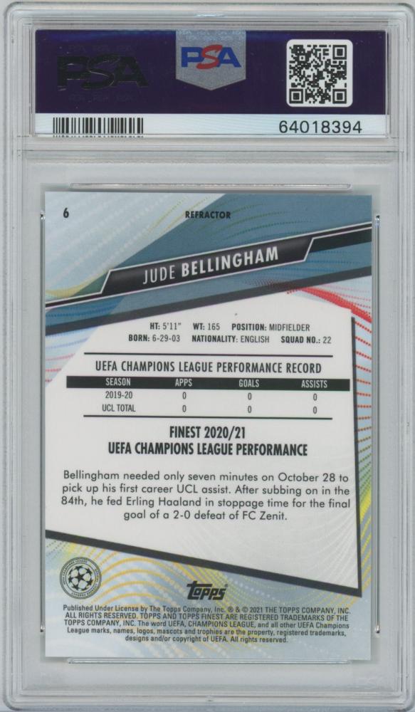 2020-21 TOPPS Finest UEFA Champions League Jude Bellingham Refractors card PSA9 Borussia Dortmund