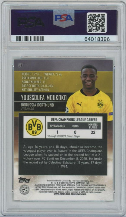 2020-21 TOPPS Stadium Club Chrome UEFA Champions League trading card of Youssoufa Moukoko Borussia Dortmund PSA10 Gem Mint