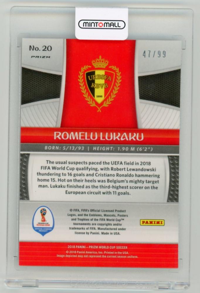 2018 Panini Prizm World Cup Romelu Lukaku Purple Prizm parallel card numbered 47 of 99 from Belgium