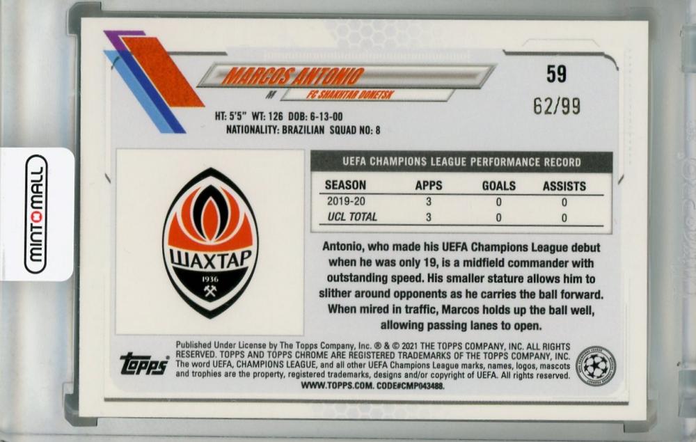 2020-21 Topps Chrome UEFA Champions League FC Shakhtar Donetsk Marcos Antonio Neon Green parallel trading card 62 of 99
