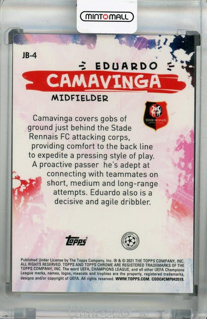 2020-21 Topps Chrome UEFA Champions League trading card of Stade Rennais FC player Eduardo Camavinga Joga Bonito