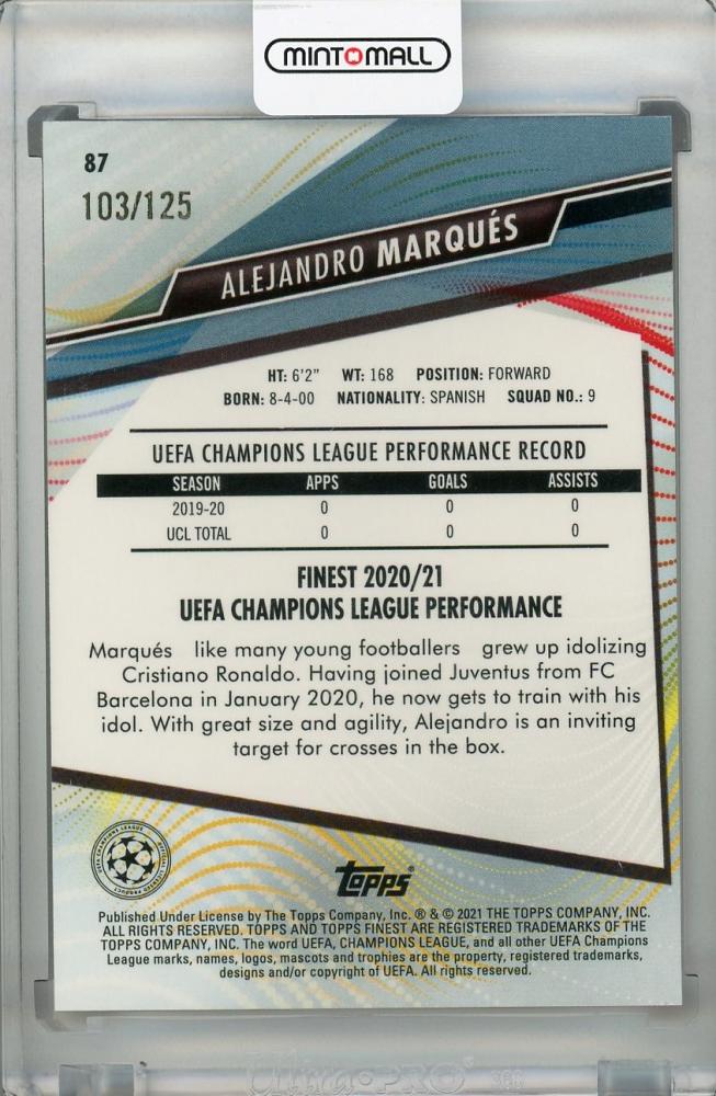 2020-21 Topps Finest UEFA Champions League Juventus Alejandro Marques Pink Prism trading card serial numbered 103 of 125