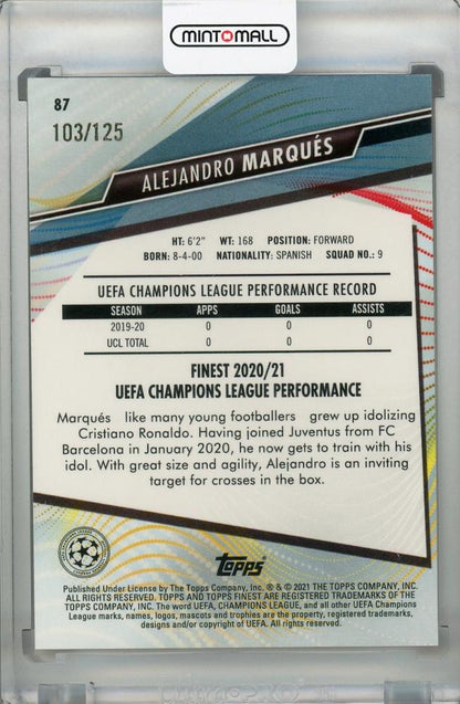 2020-21 Topps Finest UEFA Champions League Juventus Alejandro Marques Pink Prism trading card serial numbered 103 of 125