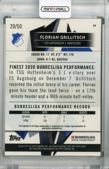 2020-21 Topps Finest Bundesliga Florian Grillitsch TSG HOFFENHEIM Base Autograph Green Parallel card 20 of 50