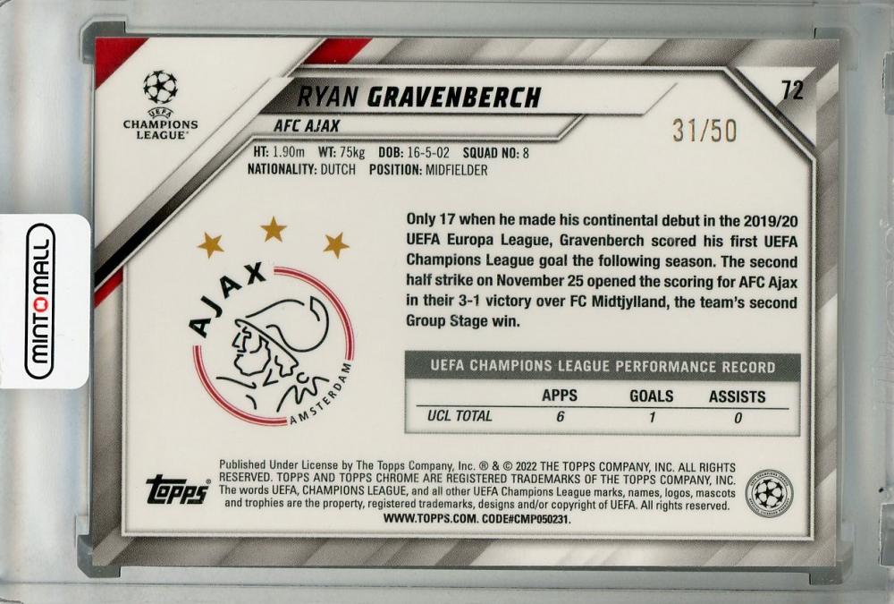 2020-21 Topps Chrome UEFA Champions League base gold trading card of Ryan Gravenberch from Ajax serial number 31 out of 50 with minor back stain