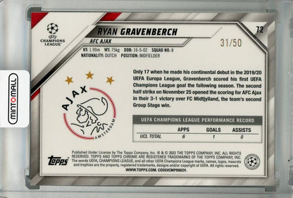 2020-21 Topps Chrome UEFA Champions League base gold trading card of Ryan Gravenberch from Ajax serial number 31 out of 50 with minor back stain