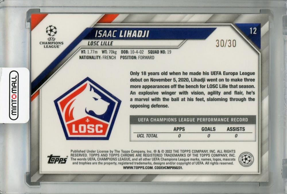2020-21 Topps Chrome UEFA Champions League LOSC Lille Isaac Lihadji Base Black Gold Starball card 30 of 30