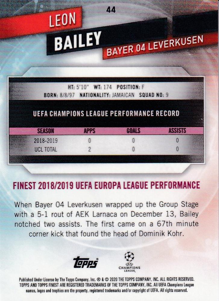 2019-20 Topps Finest UEFA Champions League Bayer 04 Leverkusen Leon Bailey Base Gold Parallel card number 25 of 50