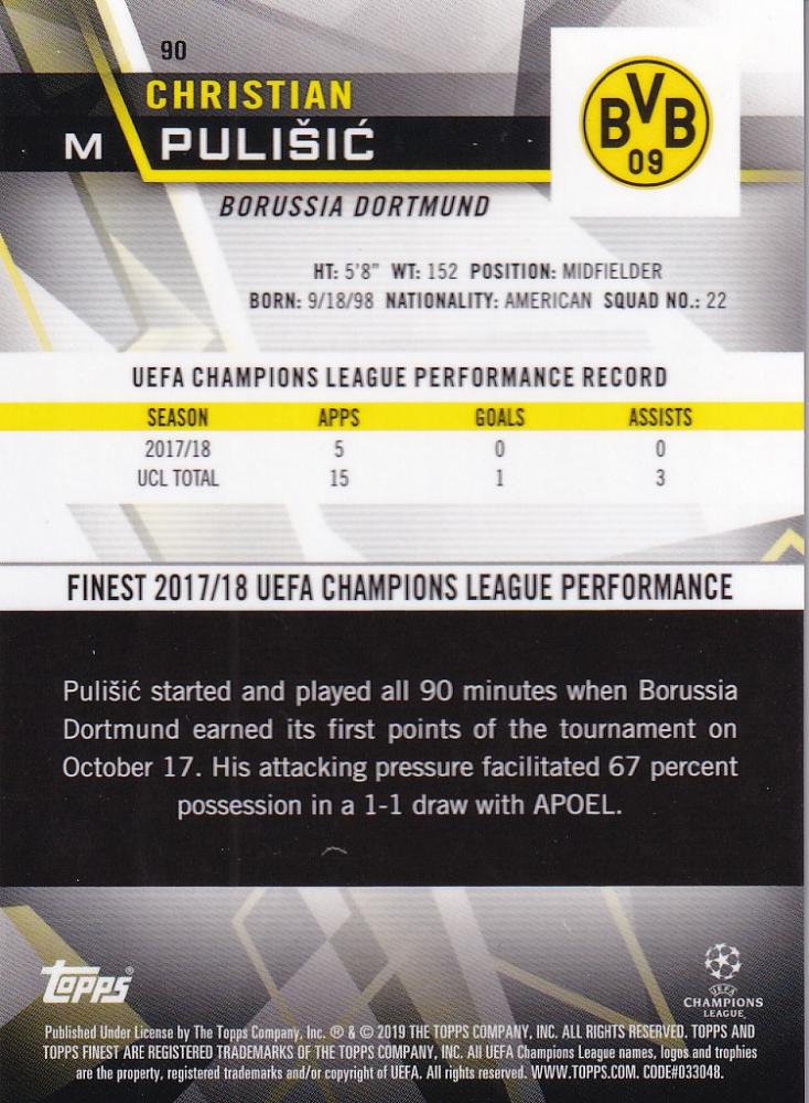 2018-19 Topps Finest UEFA Champions League Christian Pulisic Borussia Dortmund purple parallel card numbered 068/250