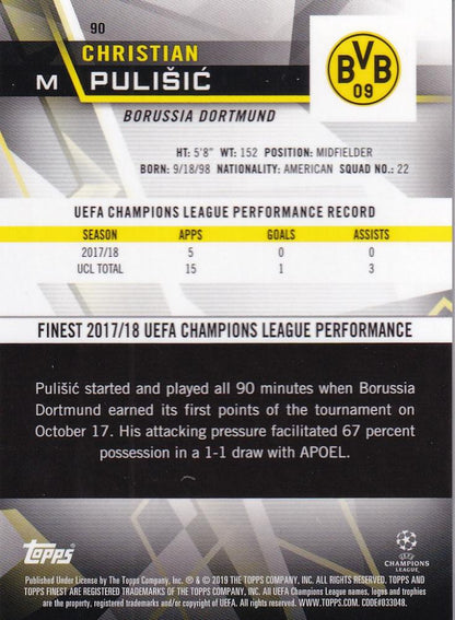2018-19 Topps Finest UEFA Champions League Christian Pulisic Borussia Dortmund purple parallel card numbered 068/250