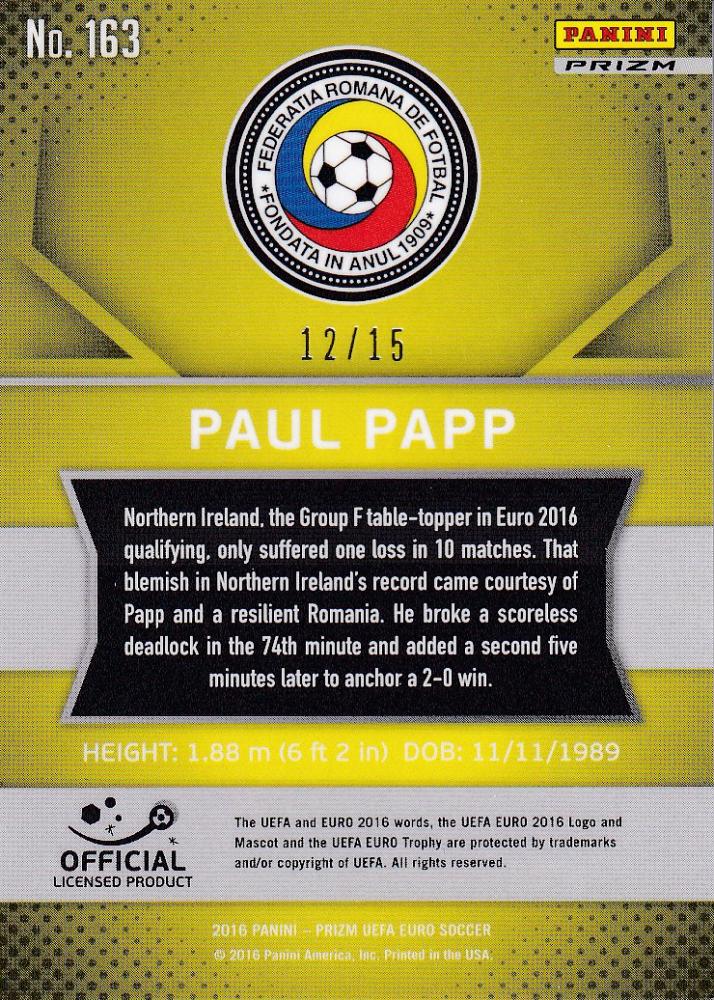 2016 Panini Prizm Euro Romania Paul Papp Base Light Blue Prizms Parallel card numbered 12 of 15