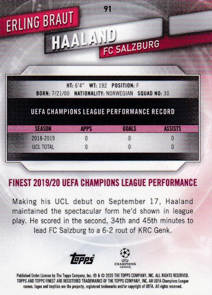 2019-20 Topps Finest UEFA Champions League trading card featuring Erling Braut Haaland FC Salzburg Base