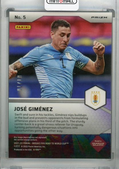 2021-22 Panini Mosaic Road to FIFA World Uruguay Jose Maria Gimenez Pitch Masters Gold card numbered 01 of 10