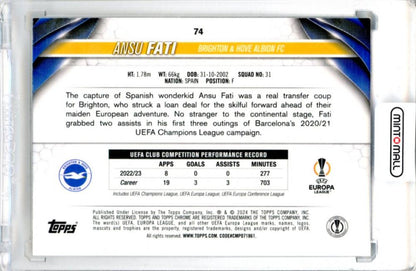 2023-24 Topps Chrome UEFA Club Competitions Ansu Fati #74 Base Color Match Parallel24/99 Brighton & Hove Albion FC