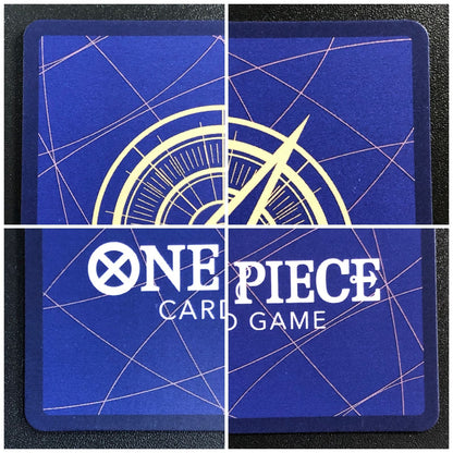 One Piece Uta Super Parallel EB03-061 SEC trading card with visible damage on front and back