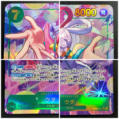 One Piece Uta Super Parallel EB03-061 SEC trading card with visible damage on front and back