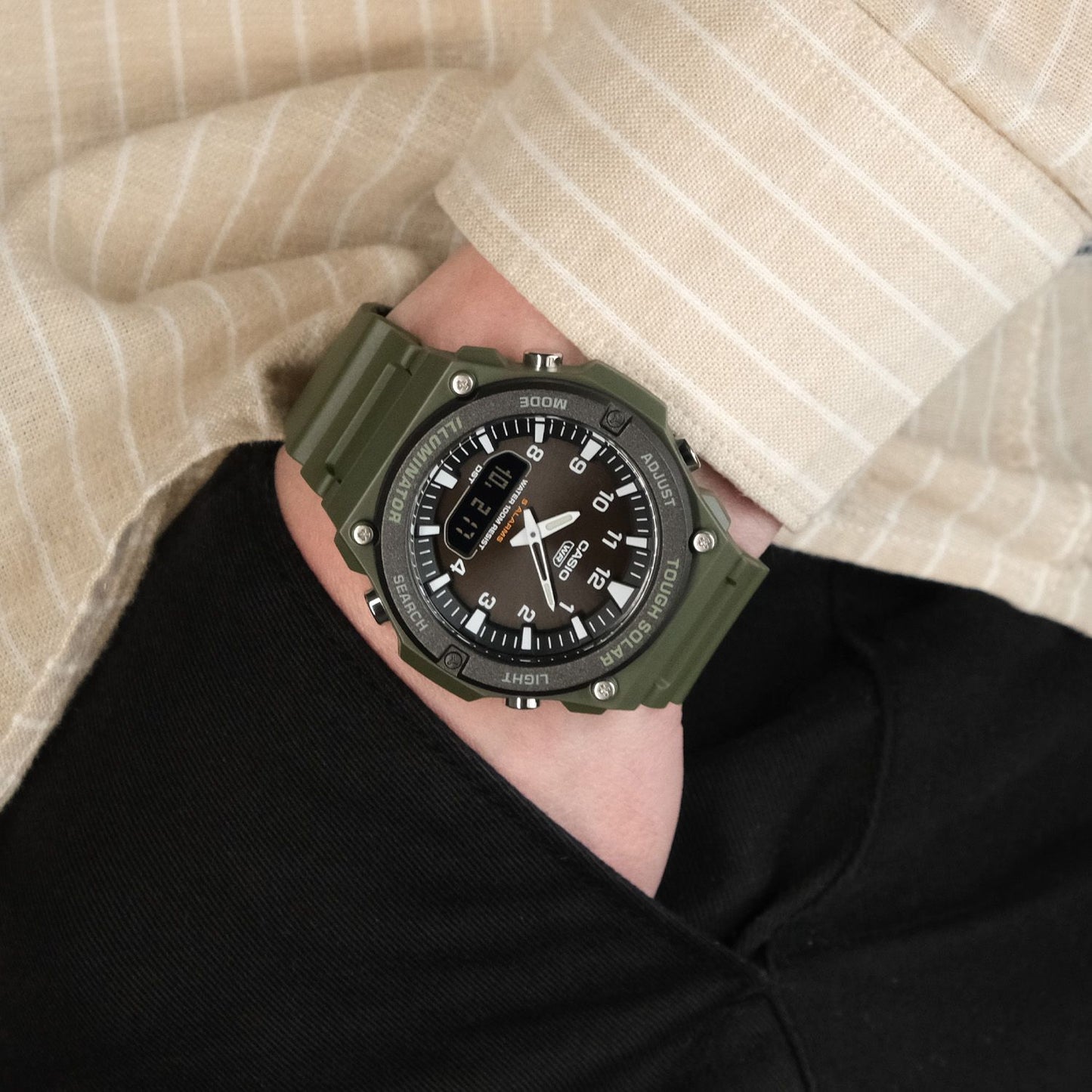 Casio Solar Sports Watch Model AQS820 with 100M Water Resistance and Digital-Analog Display — Japan Import