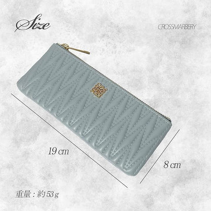 Crossmarbery leather slim pen case with quilted design and zipper closure, 19cm wide, made in Japan