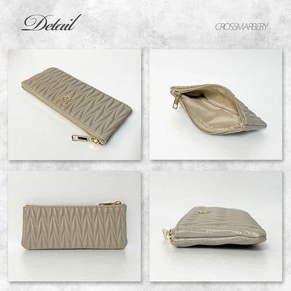 Crossmarbery leather slim pen case with quilted design and zipper closure, 19cm wide, made in Japan