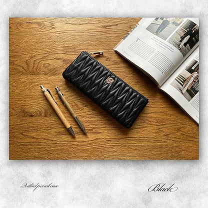 Crossmarbery leather slim pen case with quilted design and zipper closure, 19cm wide, made in Japan