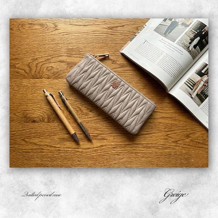 Crossmarbery slim grey leather pen case with quilted design and zipper closure, 7.5 x 3.1 inches