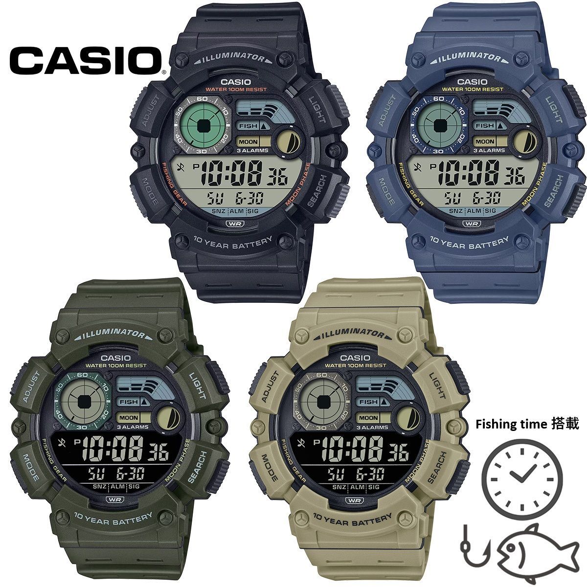 Casio Fishing Time Digital Watch Model WS-1500H with Moon Data 10ATM Water Resistance — Japan Import