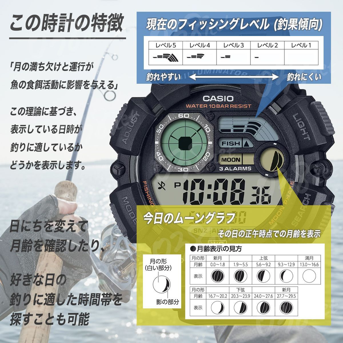 Casio Fishing Time Digital Watch Model WS-1500H with Moon Data 10ATM Water Resistance — Japan Import
