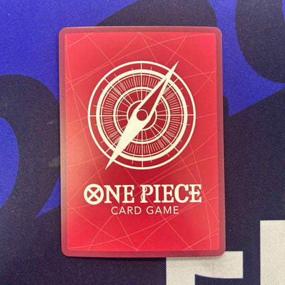 Bandai One Piece Monkey D. Luffy Leader Red playing card in protective sleeve with signs of wear