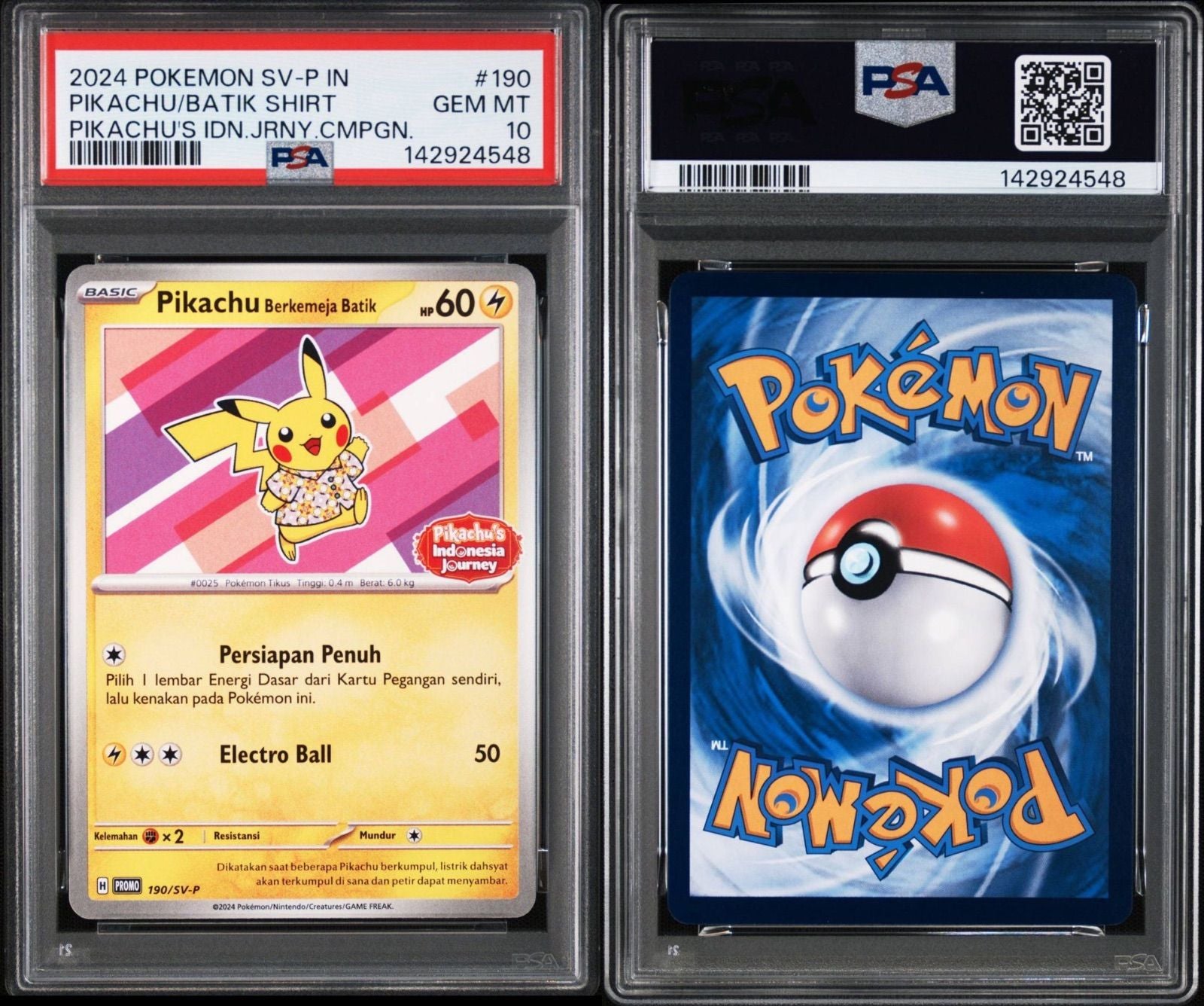 PSA10 graded Batik Pikachu Shirt 190/SV-P card from Indonesia showing front view with grade label