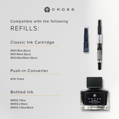 Cross ATX Fountain Pen model N886-3M with medium stainless steel nib and black body