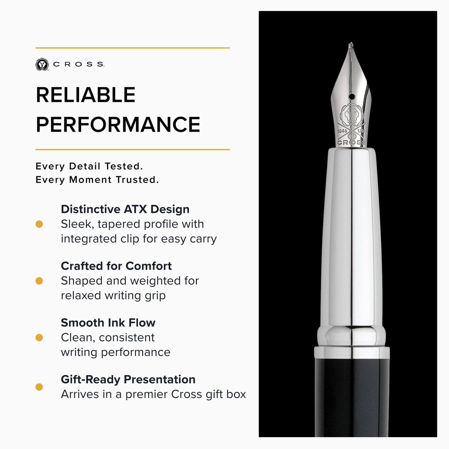 Cross ATX Fountain Pen model N886-3M with medium stainless steel nib and black body