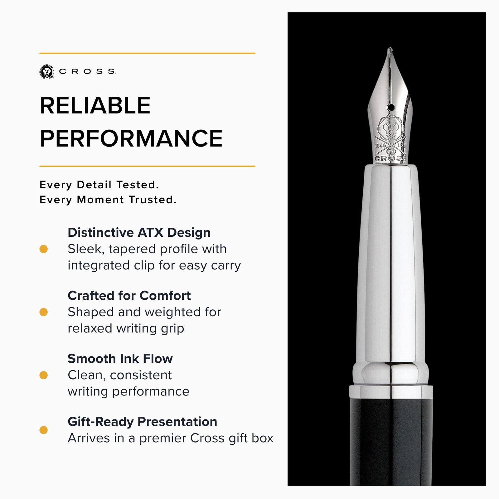 Cross ATX Fountain Pen model N886-3M with medium stainless steel nib and black body