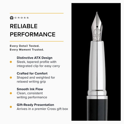 Cross ATX Fountain Pen model N886-3M with medium stainless steel nib and black body