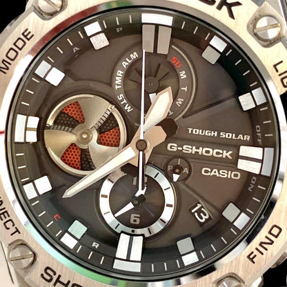 Casio G-Shock G-Steel GST-B100 men's silver solar chronograph watch with stainless steel band