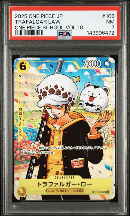 Trafalgar Law One Piece School Volume 10 PSA7 graded trading card with minor scratches and dents