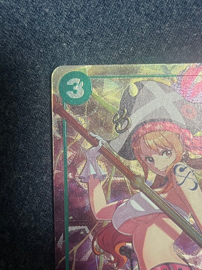 Bandai Nami Premium Card OP02-036 parallel film showing front with Bandai branding and parallel type details