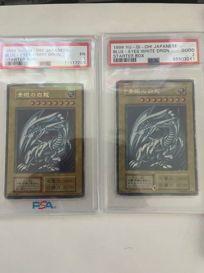 Set of five Blue-Eyes White Dragon trading cards graded PSA 1 to PSA 5 from starter series Japan import