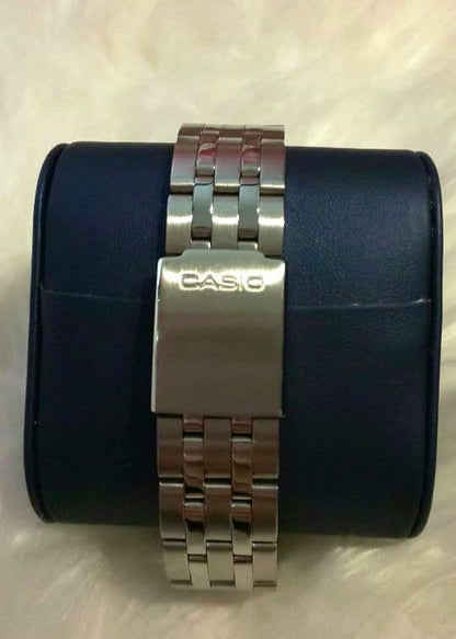 Casio Analog Quartz Watch with Navy and Silver Stainless Steel Band
