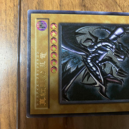 Yu-Gi-Oh Red-Eyes Black Dragon Ultimate Rare Relief Card 301-056 showing front sleeve with light reflection