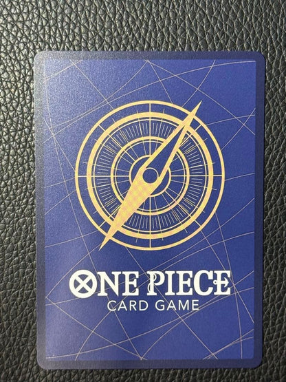 One Piece Marshall D. Teach collectible card stored in a protective sleeve displayed against white background