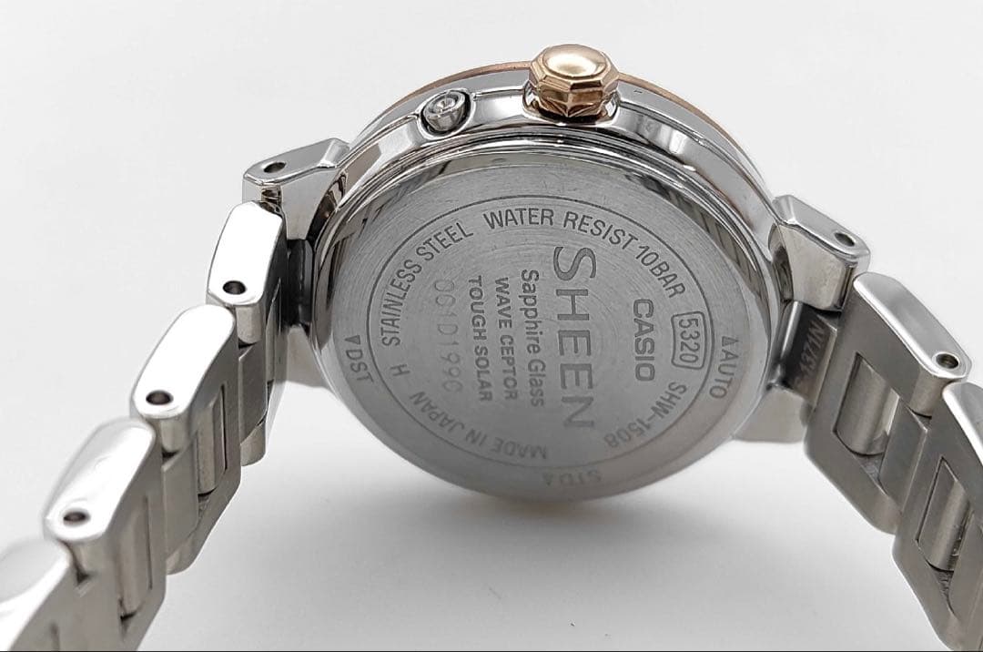 Casio Sheen Women'S Radio Wave Solar Watch With Date Display Silver Pink Gold
