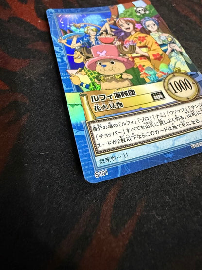 Used One Piece Luffy Pirate Group Fireworks collectible card game from 2001 Japan import with visible wear
