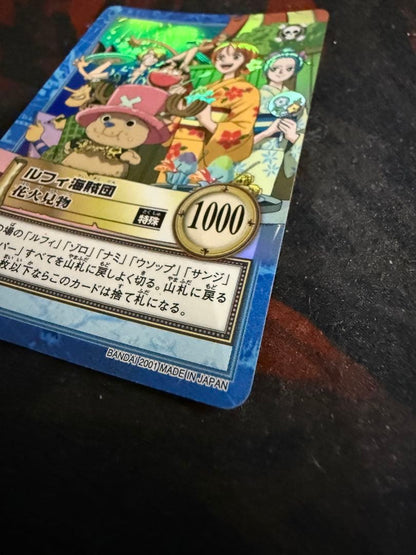Used One Piece Luffy Pirate Group Fireworks collectible card game from 2001 Japan import with visible wear