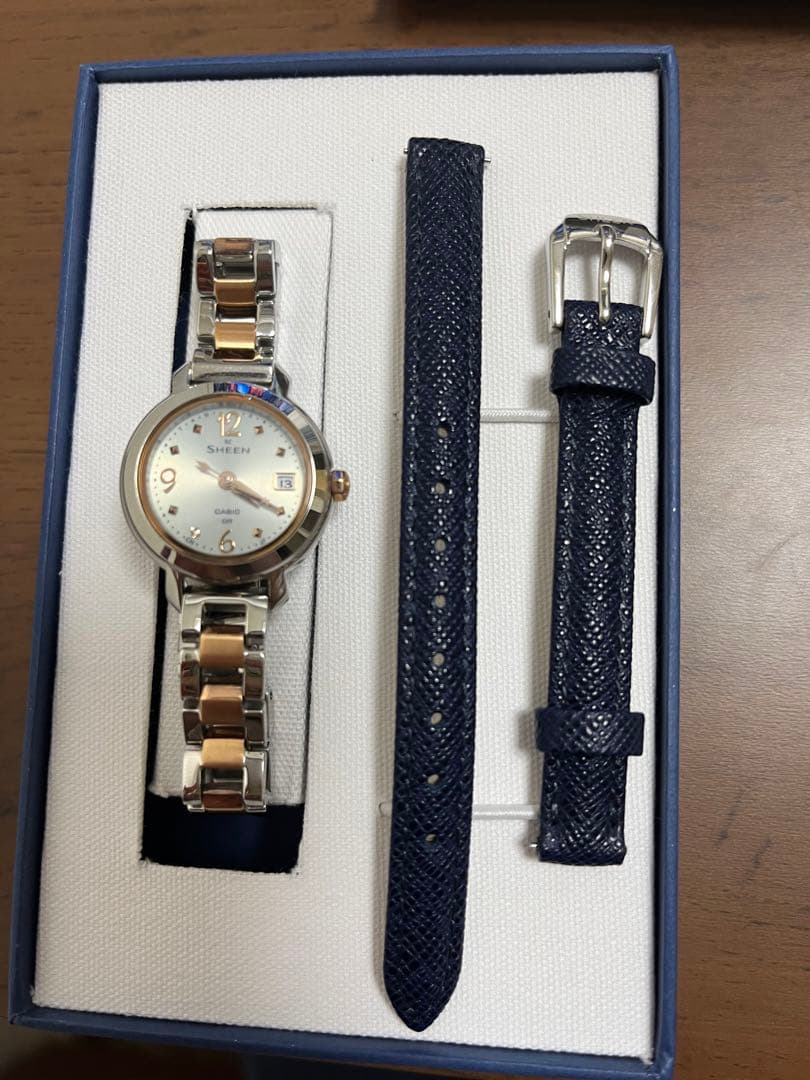 Casio Watch Solar Water-Resistant Blue and Rose Gold Combo with Spare Band — Japan Import