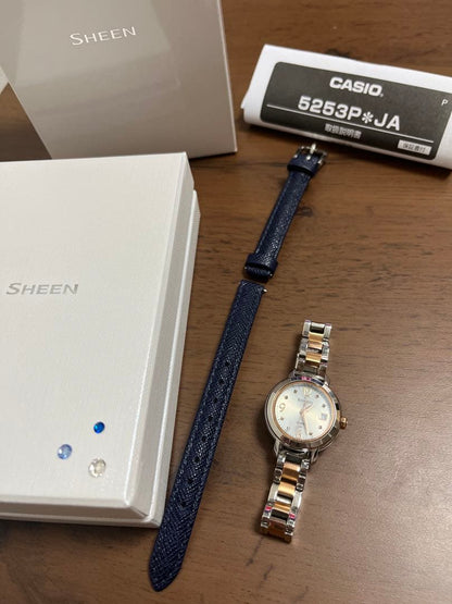 Casio Watch Solar Water-Resistant Blue and Rose Gold Combo with Spare Band — Japan Import