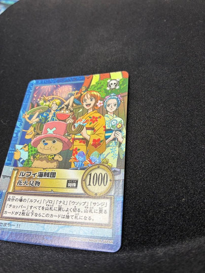 2001 Bandai One Piece Carddass Hyper Battle trading card showing Ruffy Crew enjoying fireworks in Japan