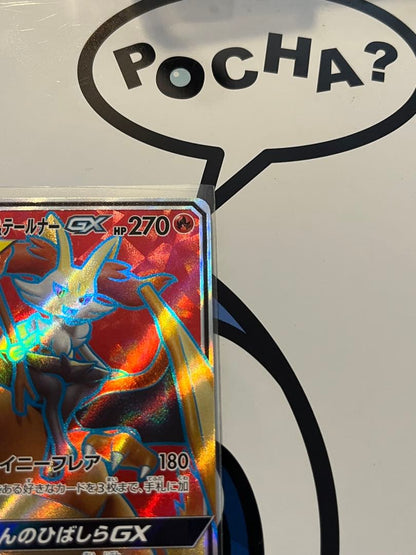 Pokemon Card Charizard & Talo GX SR in sleeve, Japanese import, complete and good condition trading card