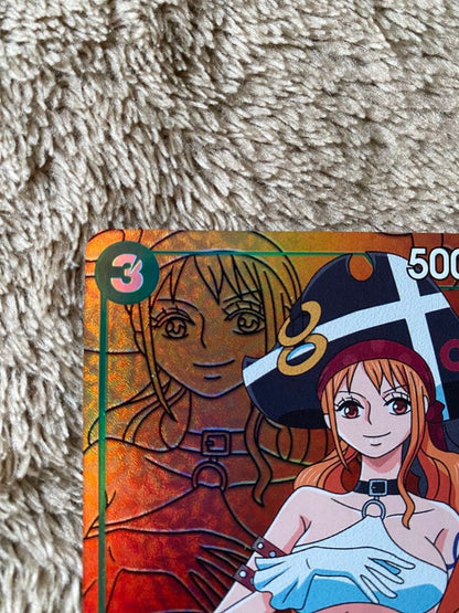 One Piece Nami parallel trading card OP02-036 featuring green attribute and 5000 power